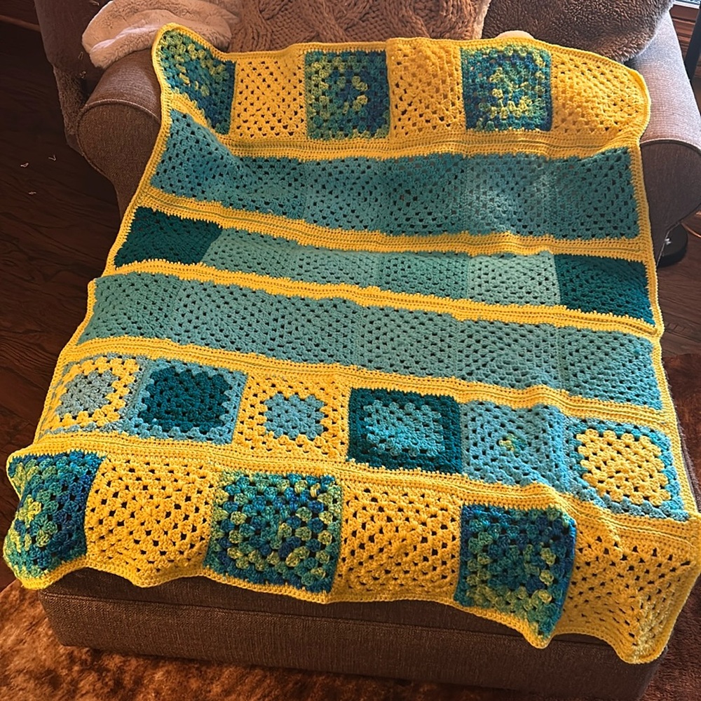 Yellow, Blue and Green Soft Crochet Throw Blanket
